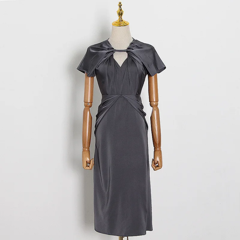 

Retro Classic Blue Dress Women Tencil Rayon Silky Shiny Flare Empire Waist V Neck Draped Midi Dresses Female Elegant Office Lady