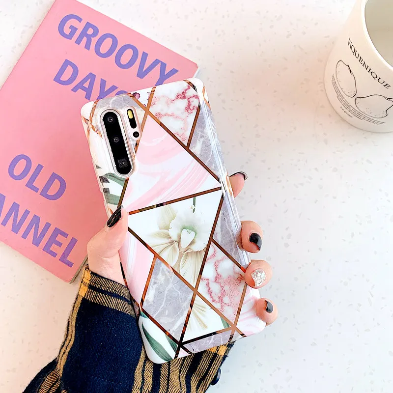 Роскошный чехол с геометрическим покрытием и мраморным цветком для Huawei P20 lite P30 Pro