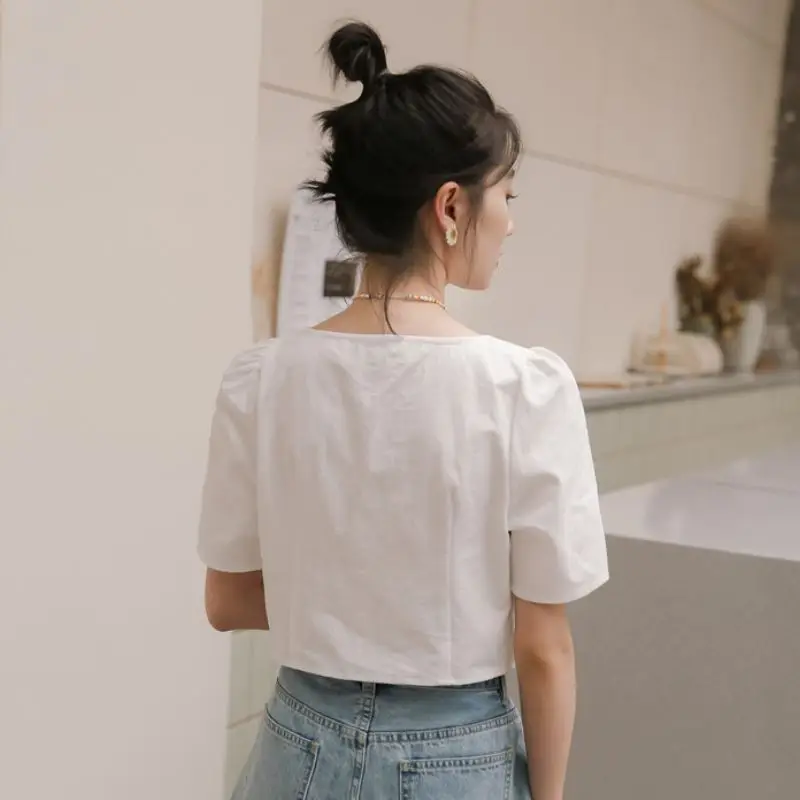 

EleeMee 2021 Summer New Short Tops For Women Square Neck Puff Sleeve Solid Color Single Breasted Shirt Stylish Korean Size S-L