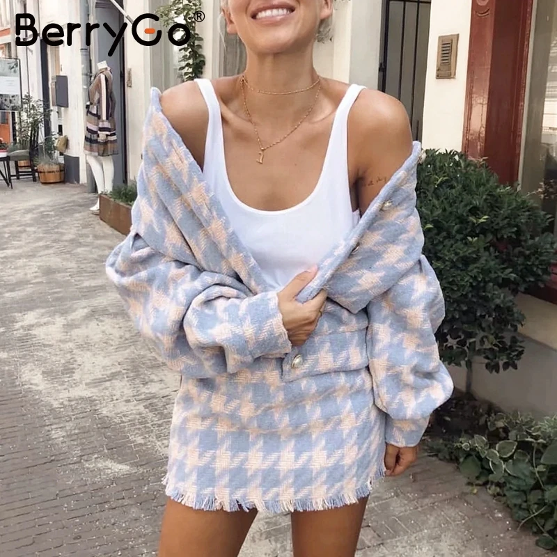 BerryGo модная уличная одежда клетчатое платье для женщин шикарное Осень-зима синее