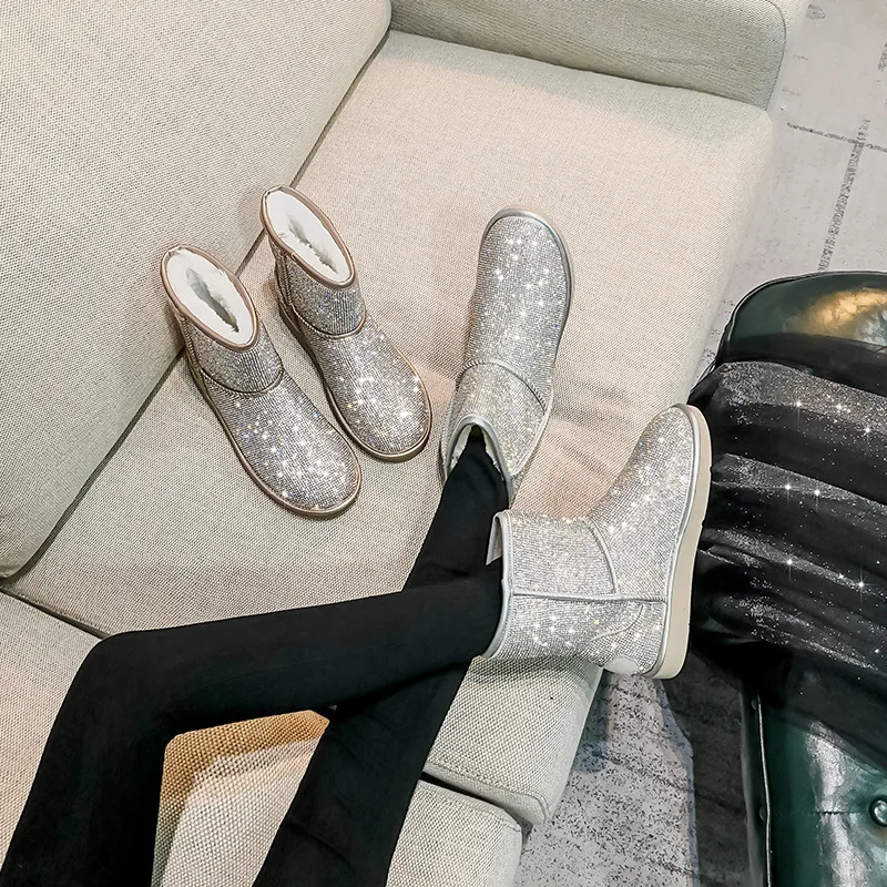 Зимние ботинки со стразами Женские зимние ботильоны с серебряными блестками и