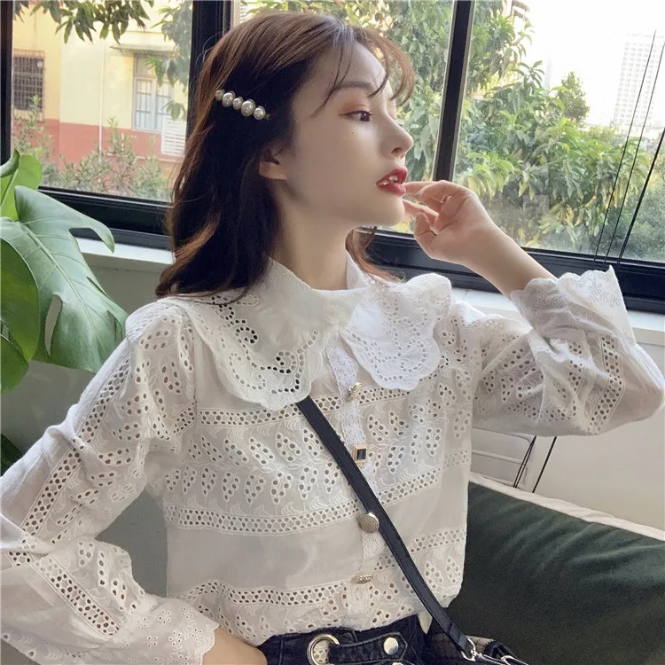 

Женская ажурная блузка с рукавами-фонариками, элегантная белая кружевная офисная блузка с воротником «Питер Пэн» в Корейском стиле, CL073