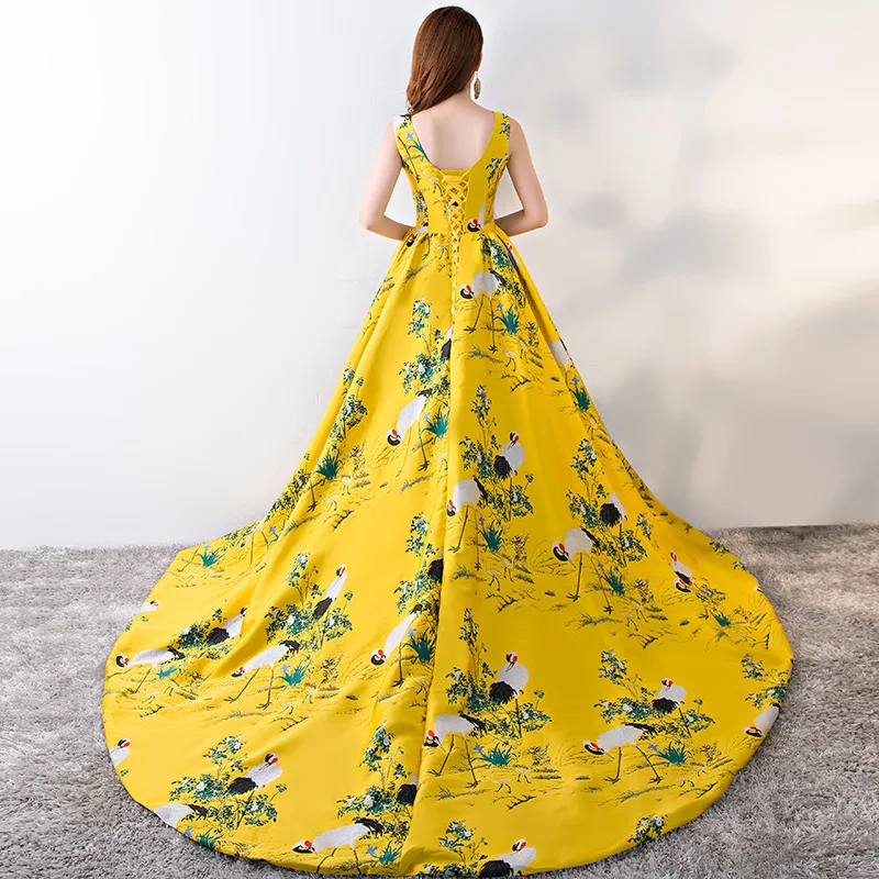 

cheongsam qipao dress Yellow Trailing Evening Dress Chinese Embroidery Cheongsam Sexy Mermaid Strapless Backless Wedding Dresse