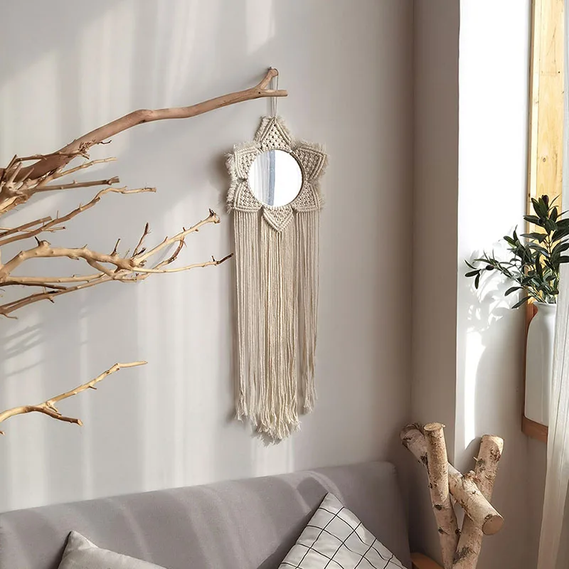 Boho Macrame Wall Hanging Mirror Creative Handmade Woven Tapestry Decoration for Home Living Room Bedroom LI | Дом и сад