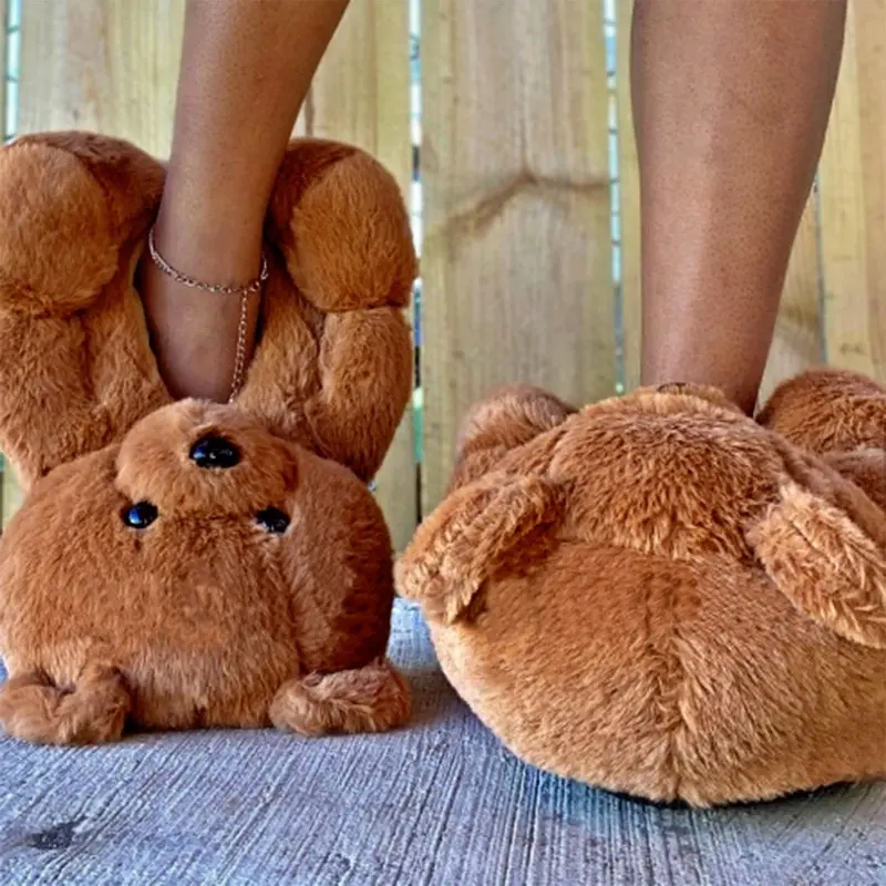 

Women Bear Plush Slippers Cartoon Cute Bear House Slipper Winter Warm Furry Faux Fur Slides Woman Furry Flip Flop Shoes
