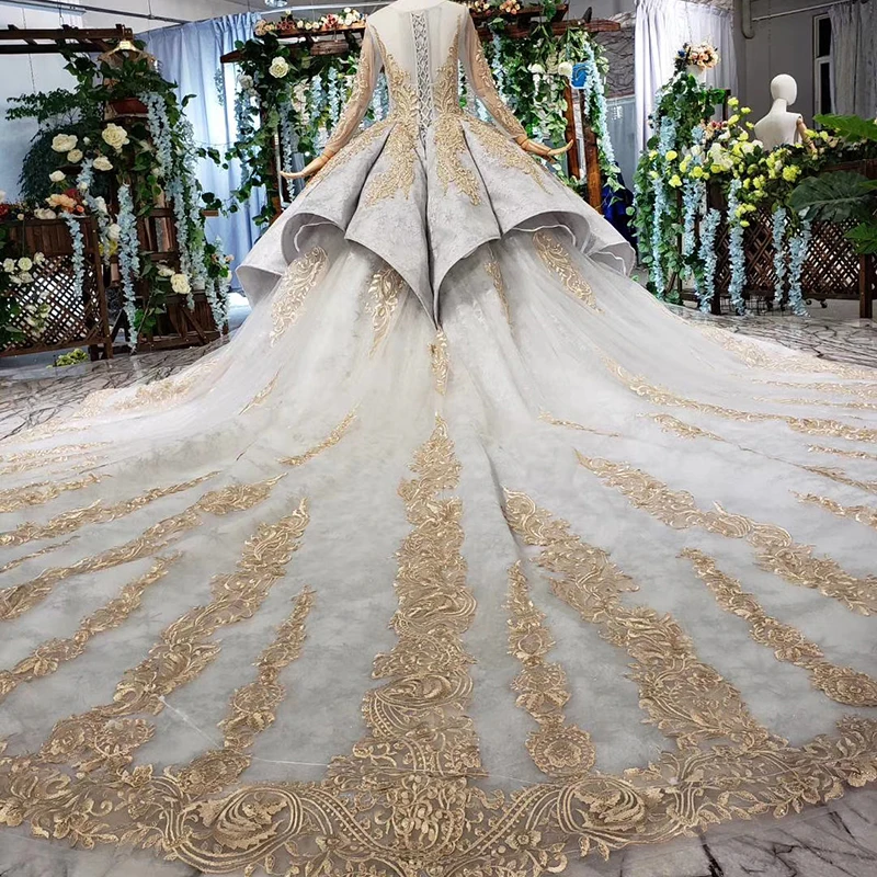 BGW 3513ht Luxury Ball Gown Ladies Evening Dresses For Special Occasions O-neck Long Sleeve Golden Lace Long Evening Gown Rochii