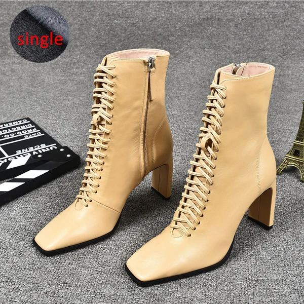 Beige Single Boots Женские кожаные ботинки; модная обувь на высоком каблуке; зимние женские Ботинки martin на шнуровке; ботильоны с квадратным носком; женская обувь на каблуке - Цвет: Beige Single Boots