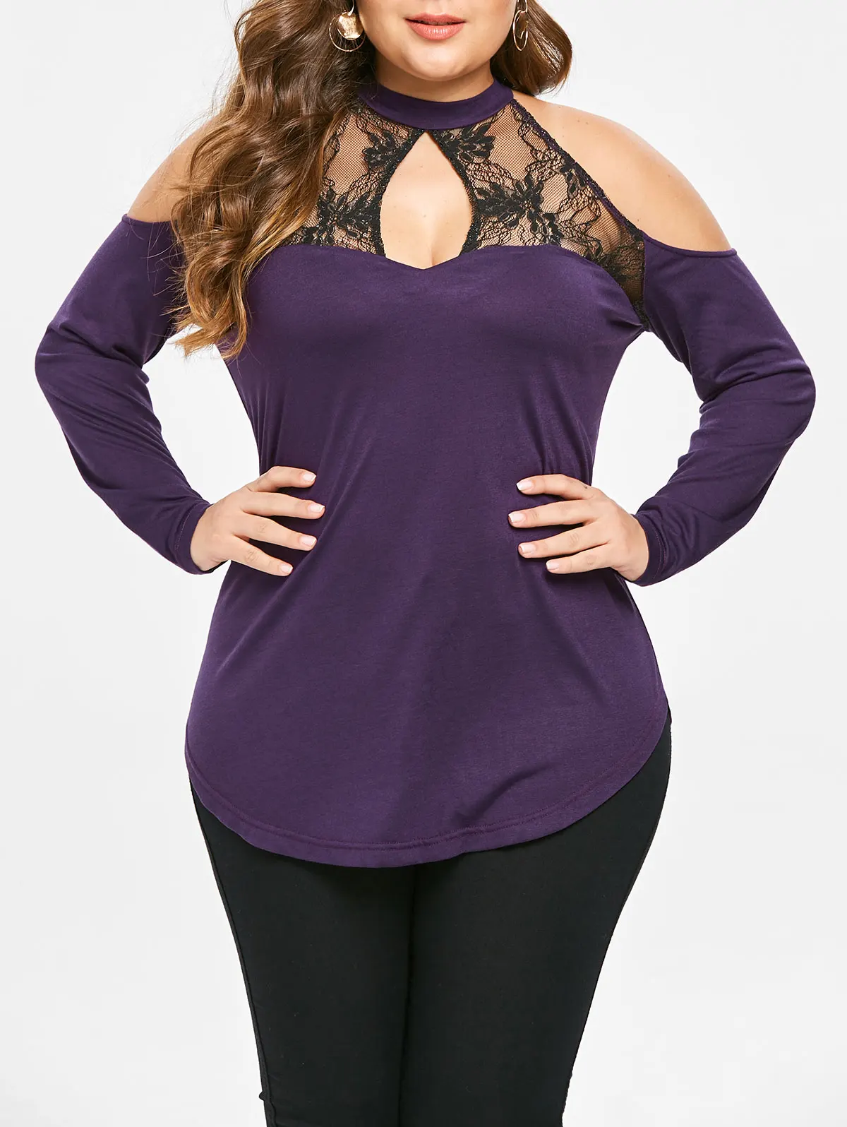 ROSEGAL плюс размер кружевная панель вырез макет шеи Тройник с длинными рукавами