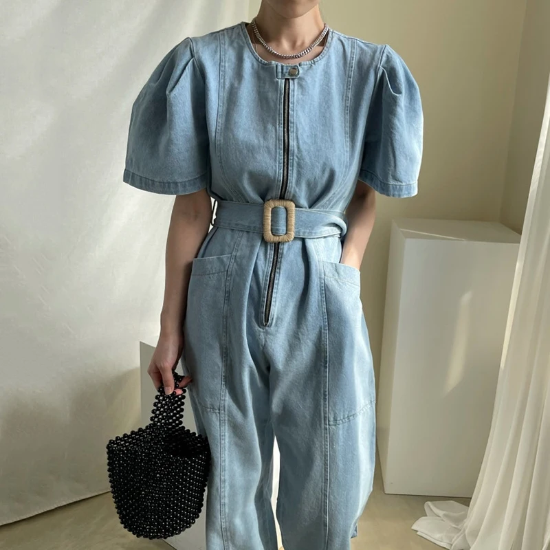 

Summer Women Denim Jumpsuit with Belt Korean Style Pocket Short Sleeve Long Jeans Rompers Casual Overalls Blue Combinaison Femme