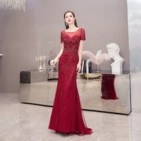 robe de soiree luxury gold sequins beads red evening dresses short sleeves vestido de festa party prom dress formal gown 2021