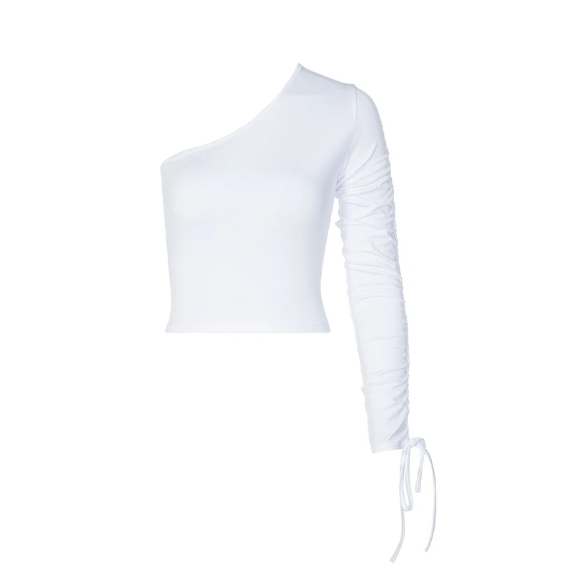

French slant shoulder single sleeve pleated lace up long sleeve T-shirt for women's autumn wear
