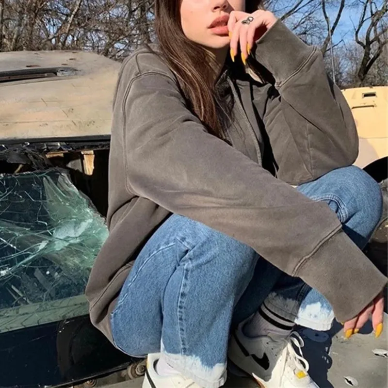 

90s Streetwear Fashion Hoodies Y2k Women Solid Sweatshirts Long Sleeve Pockets Zipper Hoody Outwear 2021