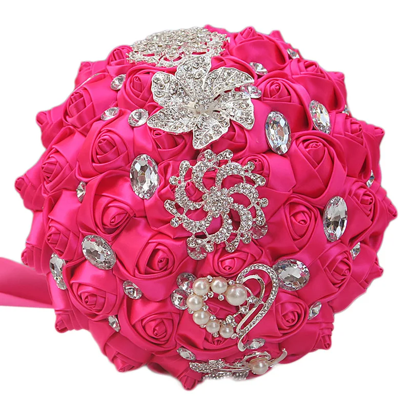 rose red WifeLai-A 21 см Большой Кристалл Свадебный букет ручной работы Королевский синий белый лента роза Свадебные букеты Buque Noiva W228 - Цвет: rose red