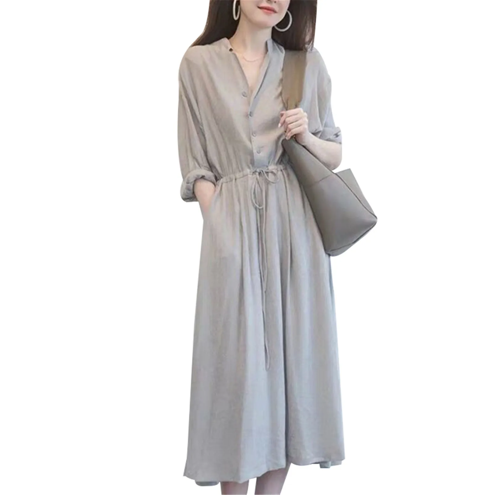 

New 2021 Women Spring Summer Dresses Solid Casual Buttons Up Fashionable V-Neck Vintage Oversize Long Dress J55