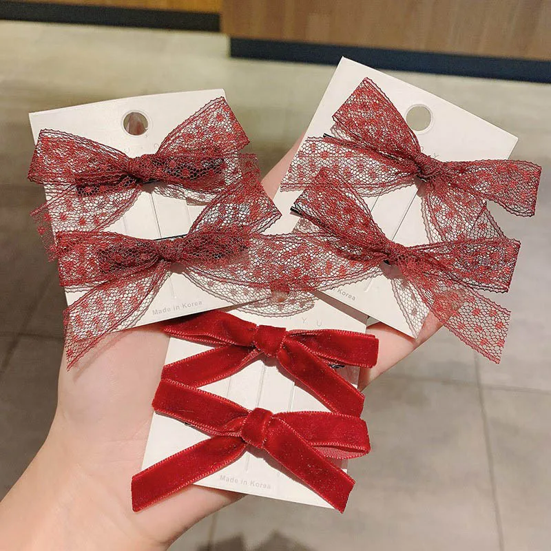 

2pcs Bow Hairpin Women French Retro Red Lace Ins Korean Girl Side Clip Back Head Hair Accessories Wholesale Hot Style