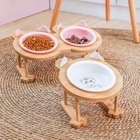 new high end pet bowl cartoon cat ear patterns bamboo frame ceramic bowl pet feeding and drinking bowls for dog cat