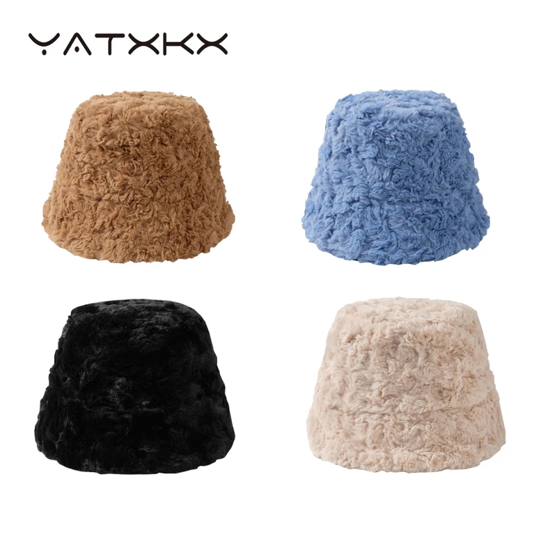

[YaTxKx] Women Hat Fur Warm Female Cap Faux Fur Winter Bucket Hat For Women Outdoor Sunscreen Lady Bonnet шапка женская