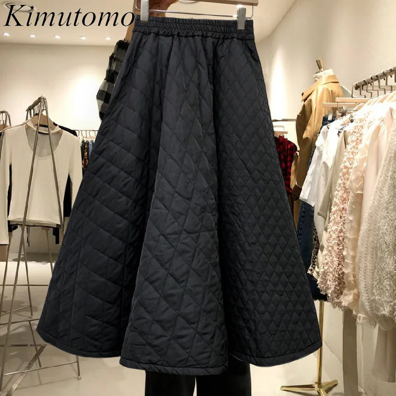 

FAKUNTN Korea Retro Women Skirts 2021 Autumn Winter New Elastic High Waist Diamond Woven Solid Color A-line Bottoms Femme