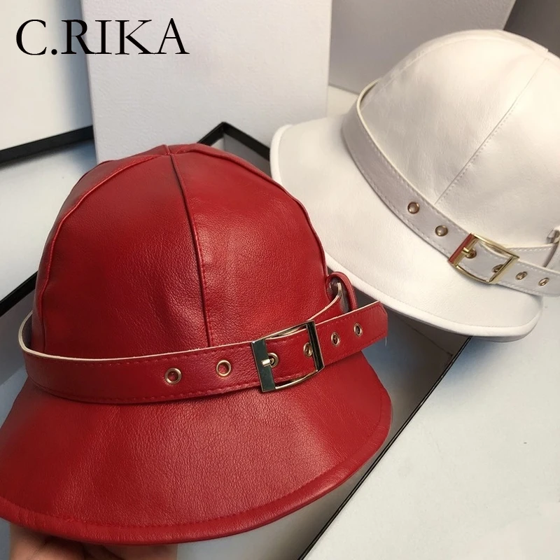

New PU Leather Women Bucket Hat Autumn Winter Outdoor Lady Girl Fashion Belt Buckle Fisherman Hat Bob Waterproof Rain Hat Panama
