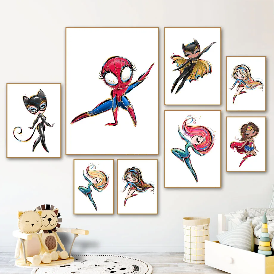Мультяшный супергерой кот леди плакаты и принты настенная Картина на холсте
