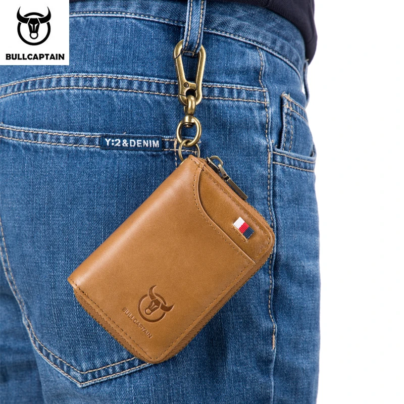 BULLCAPTAIN leather men's key bag casual access control card holder anti-theft brush multi-function first layer cowhide key bag