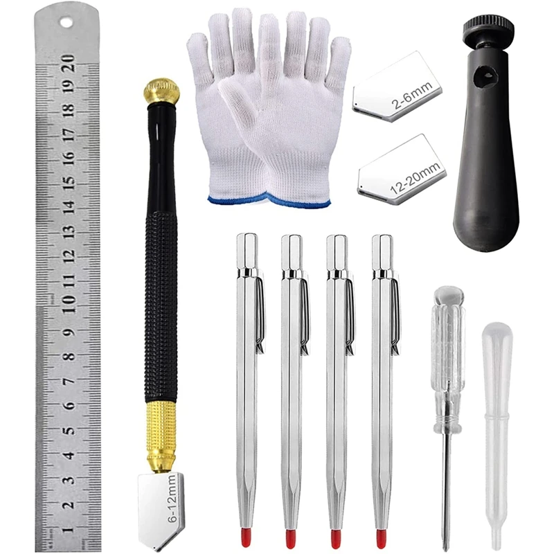 

Oil Feed Glass Cutter Kit,Glass Cutting Tool with Handle, Ruler, Scriber Pen Etc, for Cutting Mirror, Tile and Glass