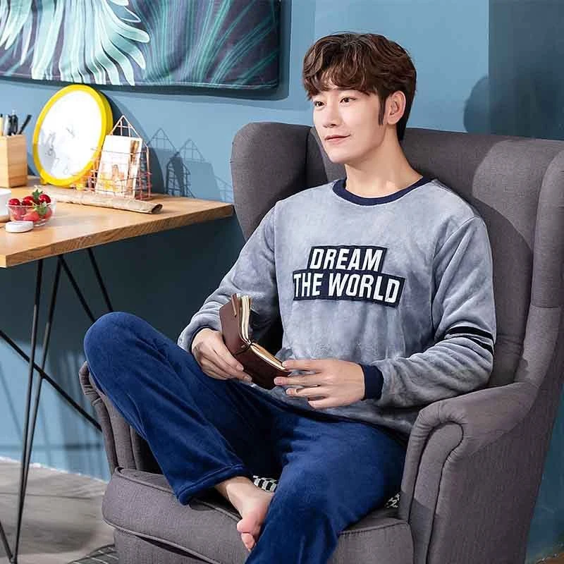 Пижамный комплект мужской фланелевая теплая пижама из кораллового флиса одежда