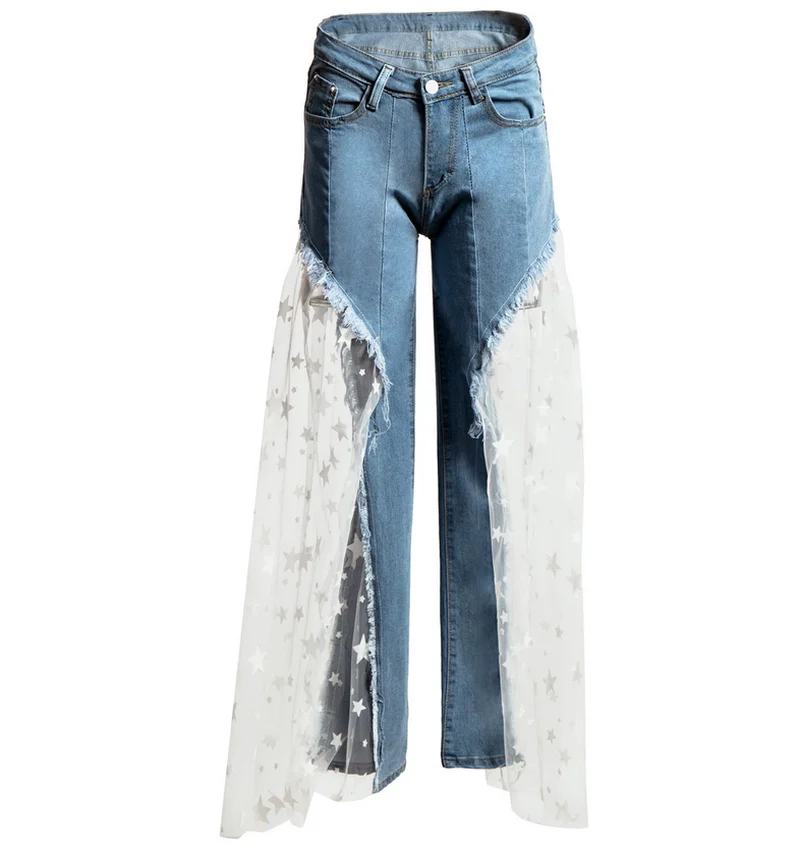 

Mesh Stitching Jeans Woman Plus Size Full Length Zipper Fly Lace Wide Leg Pants Sexy High Waist Jeans Ripped Jeans for Women