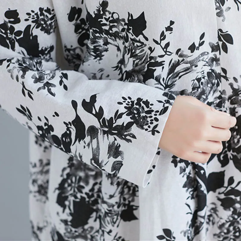 

New Arrival 2020 Plus Size Dresses For Women Spring Fashion Cotton Linen Floral Print Long Dress Robe Femme V-Neck Summer Dress