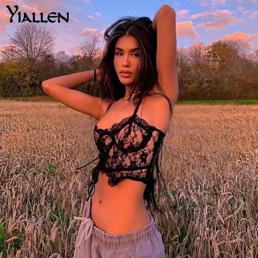 

Yiallen Lace Top Gothic Tank Top Black Crop Tank Tops Straped Hollow Out See Through Sexy Camis Punk Goth Top Streetwear 2021Y2k