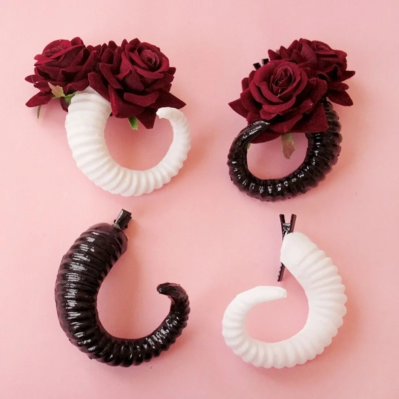 Devil Horn Hair Pin Rose Flower Forest Girl Demon Witch  Photography Props Headdress Accessories   Anime Cosplay Costume