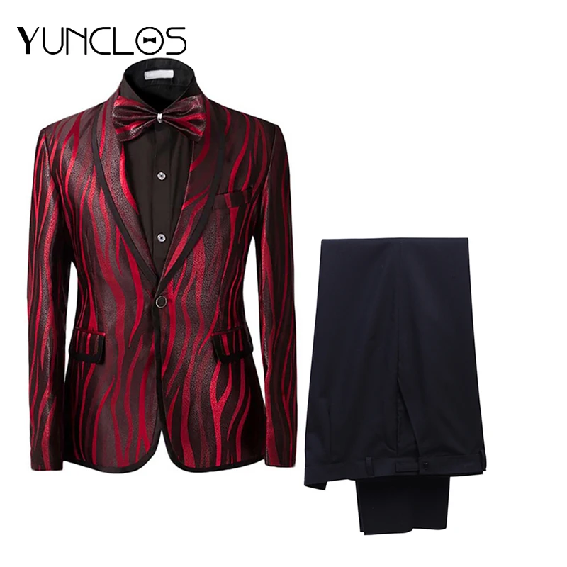 

YUNCLOS, мужской золотой пиджак, свадебные и вечерние костюмы, 2 предмета, костюм и брюки, черный воротник, однобортный, на одной пуговице