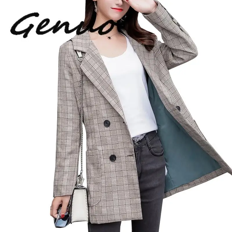 Женский блейзер в клетку двубортный Длинный повседневная офисная одежда верхняя