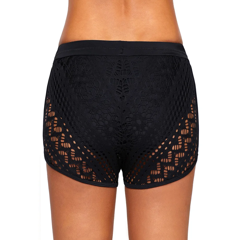 

2021 new Hawaiian vacation black high-waisted straps hollow lace four-corner swimming trunks