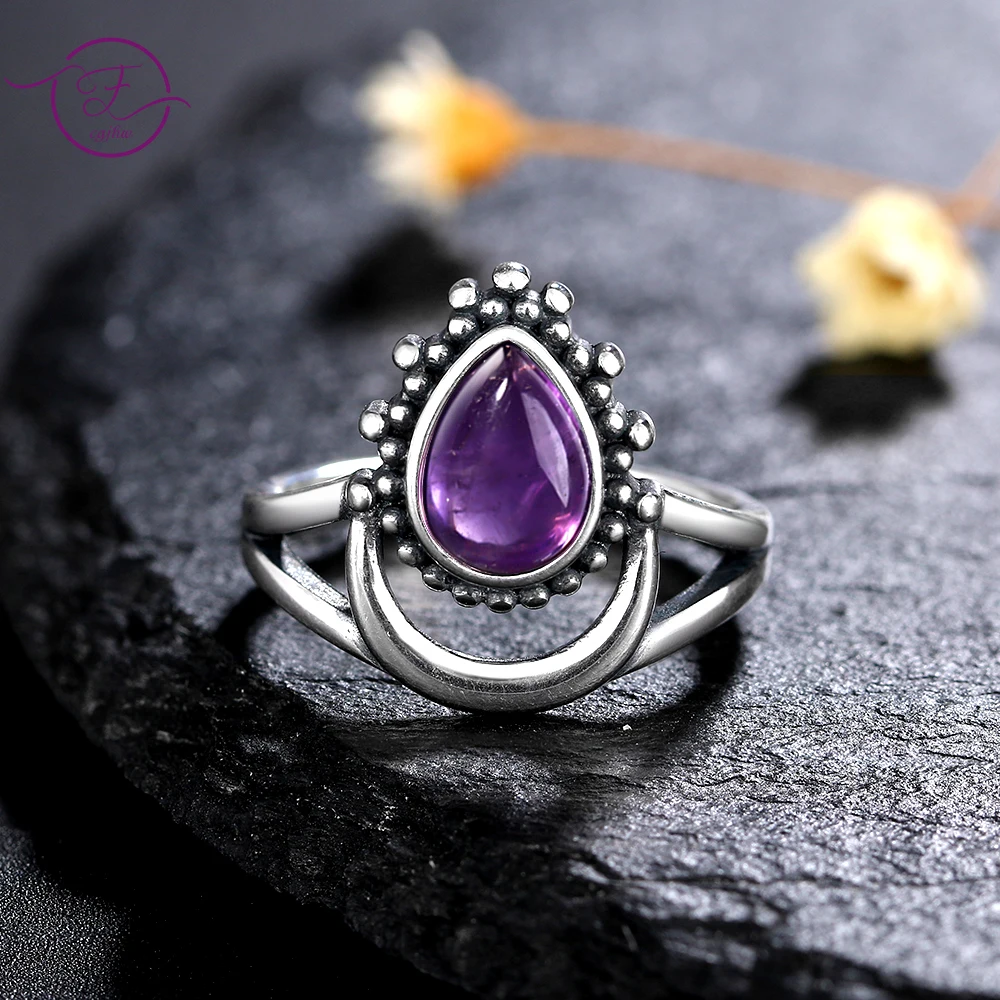 Natural Amethyst 925 Sterling Silver Jewelry for Men Women Finger Rings 7x9MM Water Drop Amethyst Anniversary Party Gifts