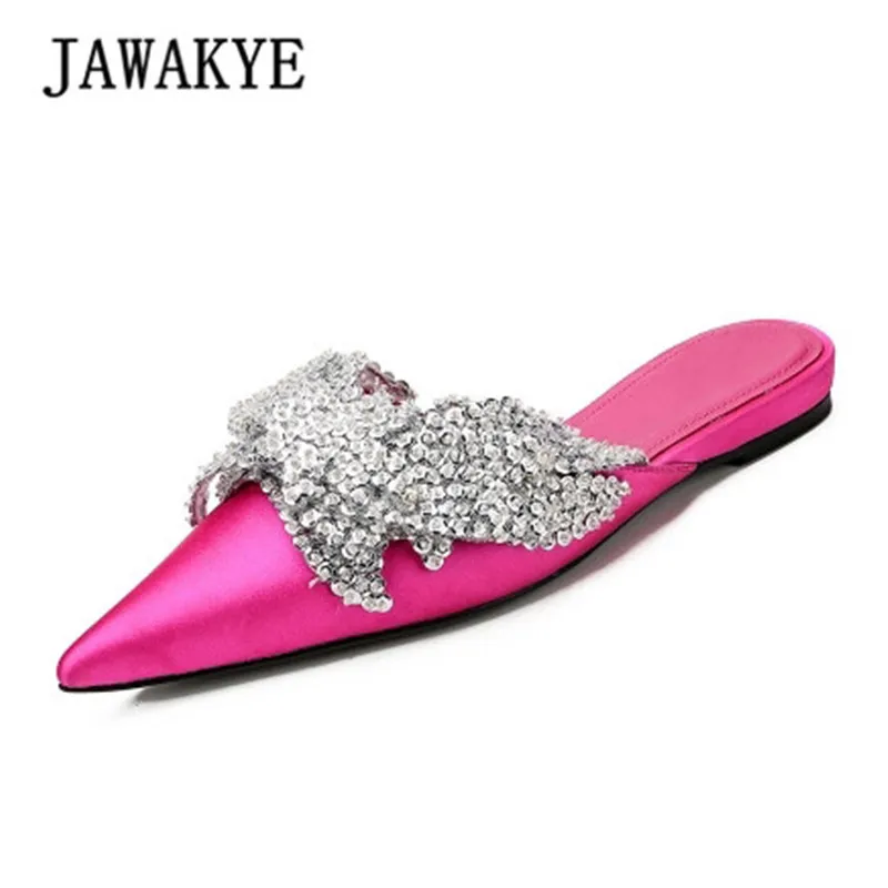 Роскошные Сатиновые шлепанцы со стразами и цветами женские розовые красные