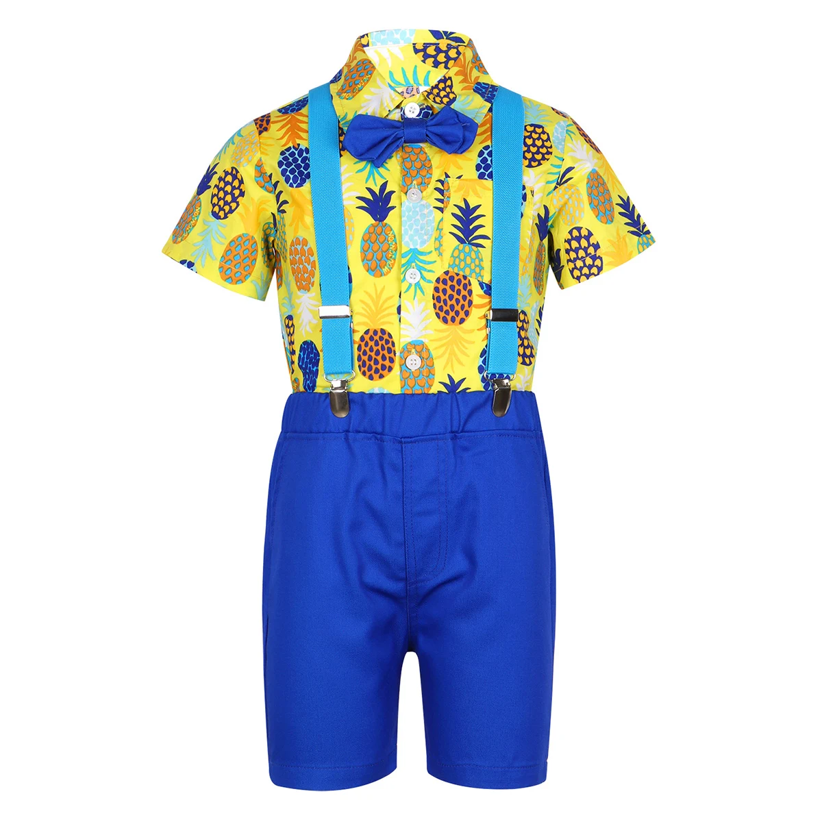 

Комплект одежды джентльмена для маленьких мальчиков, рубашка с принтом ананаса с галстуком-бабочкой + шорты на подтяжках, деловой комплект, ...