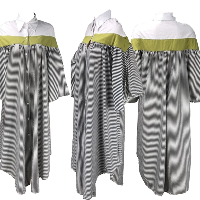 

Plus Size Loose Shirt Dress Women Autumn Korean Streetwear Casual Shirt Dress Button Striped Print Oversized White Blouse Dress