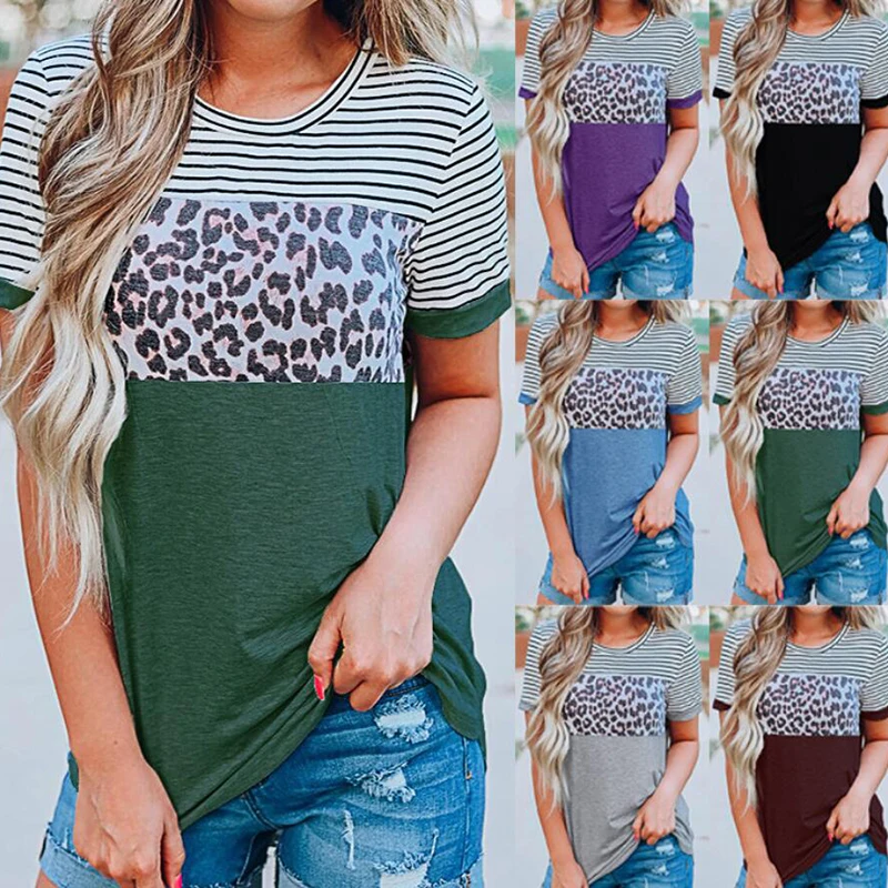 

Stripe O-Neck T-shirt Leopard Stripe Patchwork Casual Summer Tee Women Clothing Tops Short Sleeve Tee Shirt