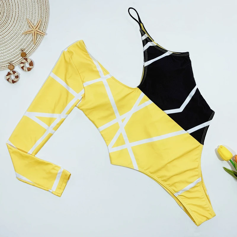 

One Shoulder Sleeve Swimsuit Women One-Piece Swimwear Yellow Black Swimming Suit For Women Padded Triangle Bathing Suit Female