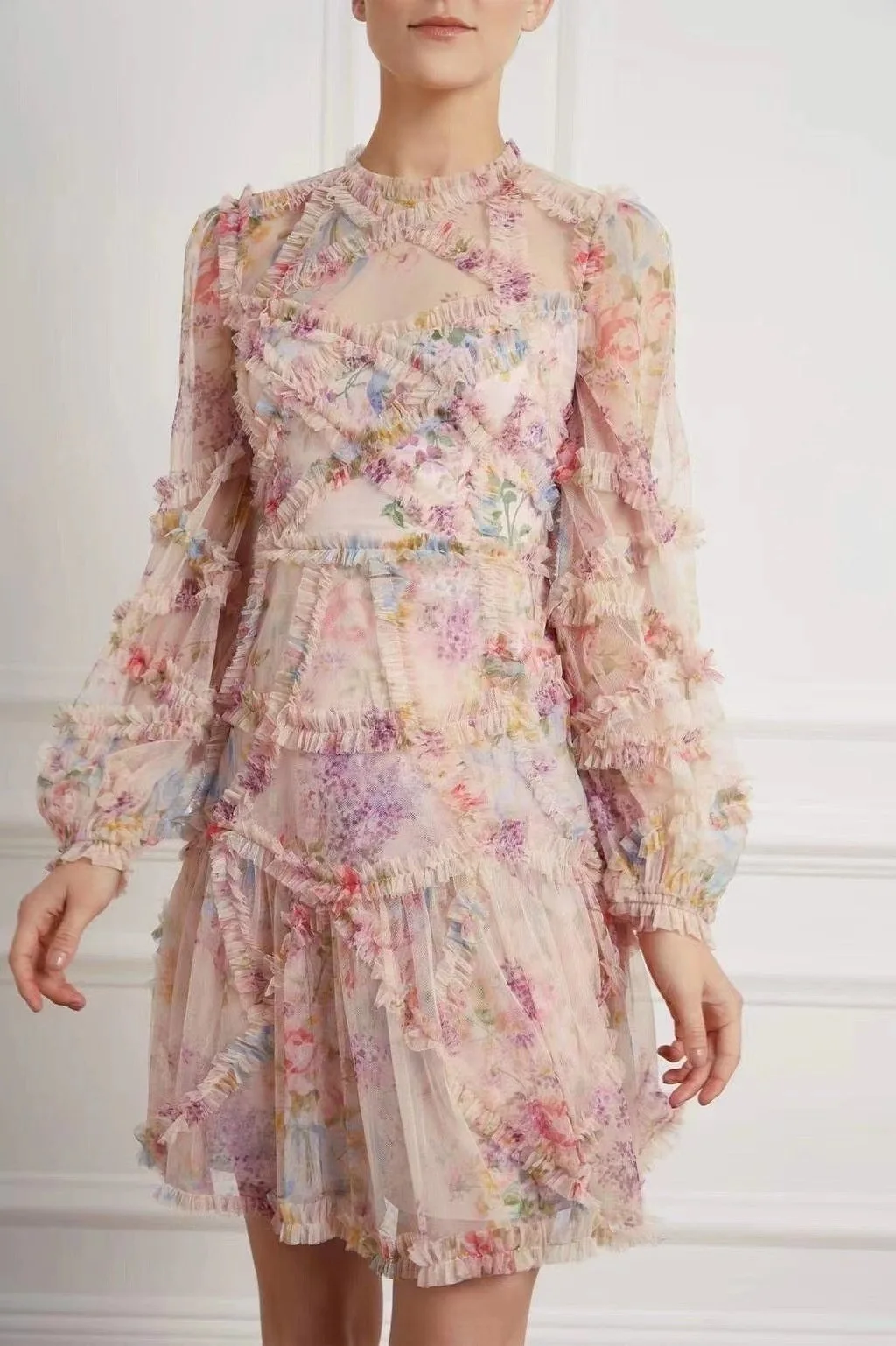 

O-neck Lantern Long Sleeve Knee Length Fungus Edge Collage Sweet Print Dress Skirt Women 2021 Spring And Summer Z196