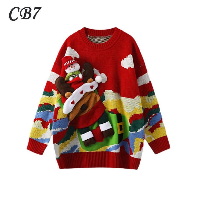 

Рождественский свитер, Женский вязаный свитер средней длины, пуловер с длинным рукавом и круглым вырезом, свободный джемпер, Женский Топ в у...