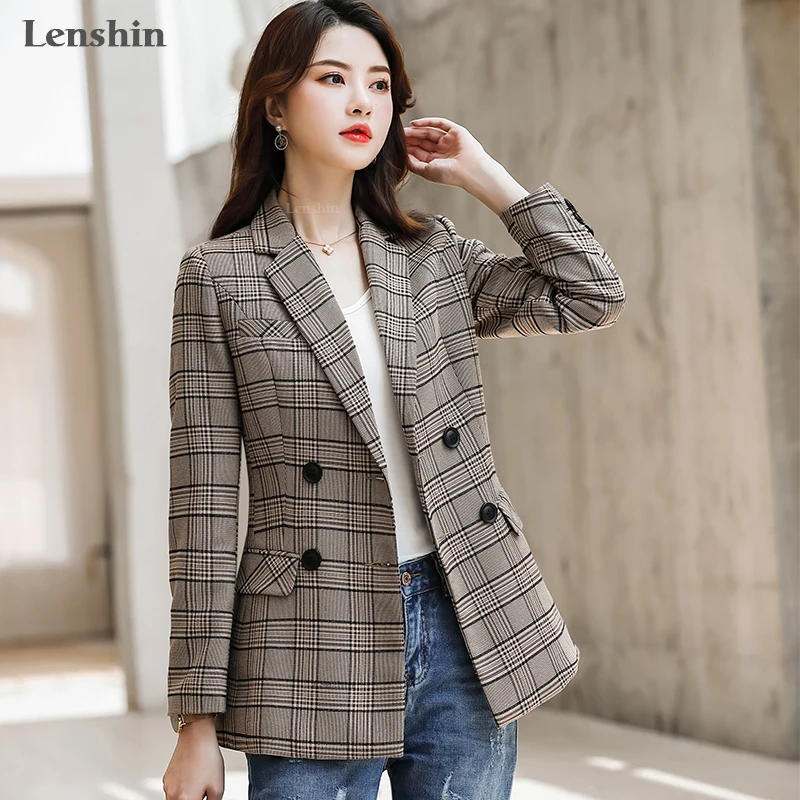 Женский двубортный пиджак Lenshin винтажное клетчатое пальто в английском стиле с