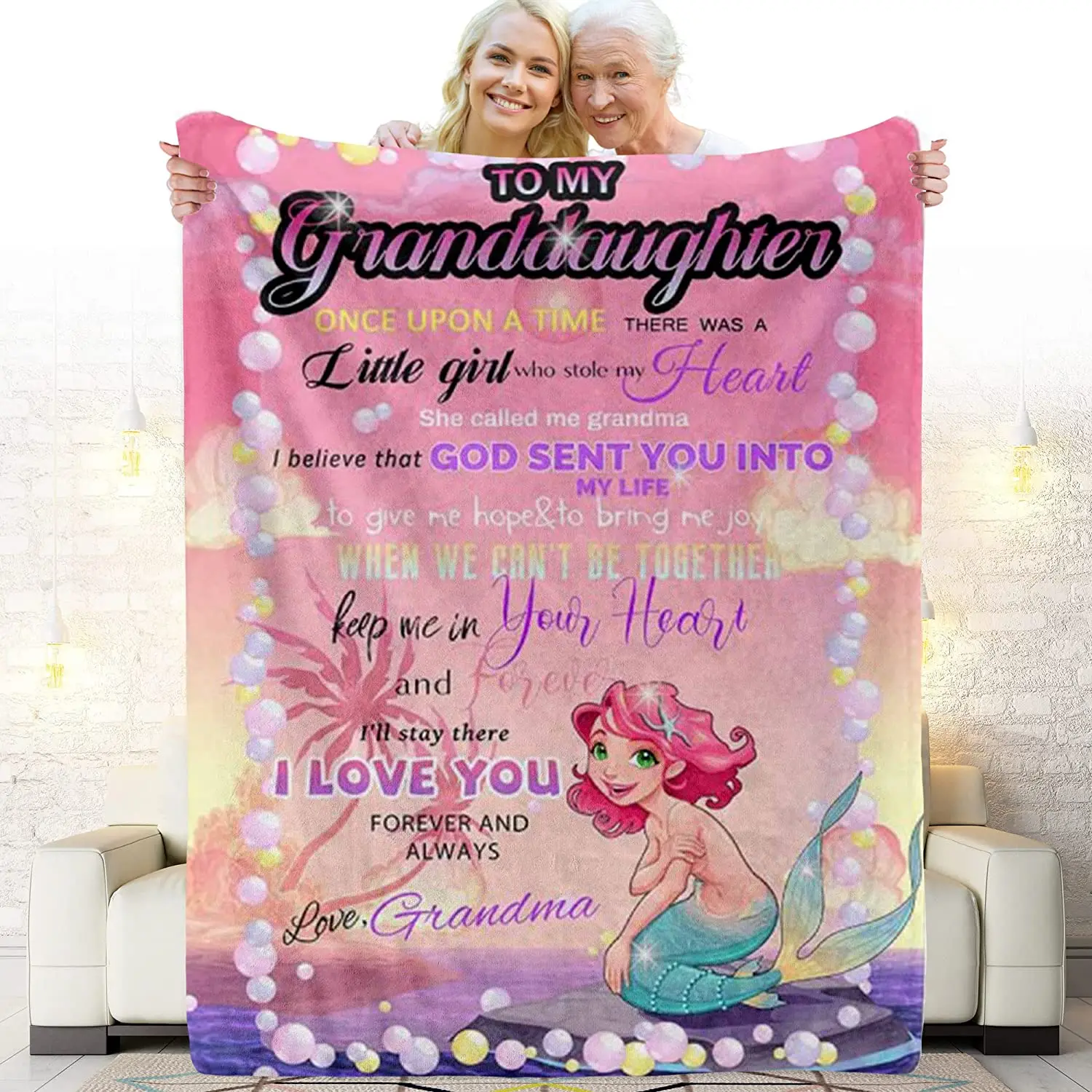 

Customized Cute Mermard Blanket Custom Name Text Throw Blanket for Granddaughter from Grandma Personalized Soft Fleece Blanket