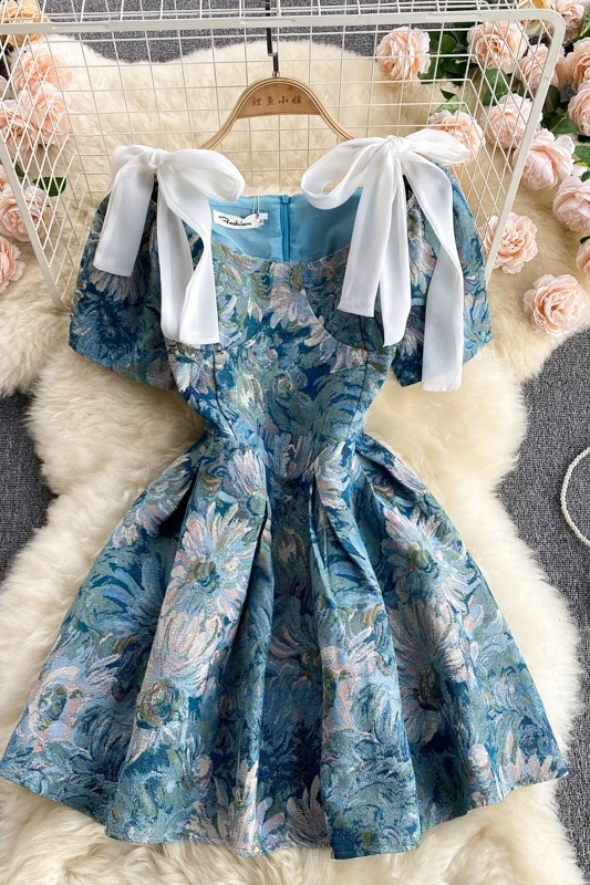 

Women's Vintage Floral Bowknot Shoulder Mini Dress 2021 Summer Streetwear Elegant Party Dress Ladies Short Sleeve Vestidos