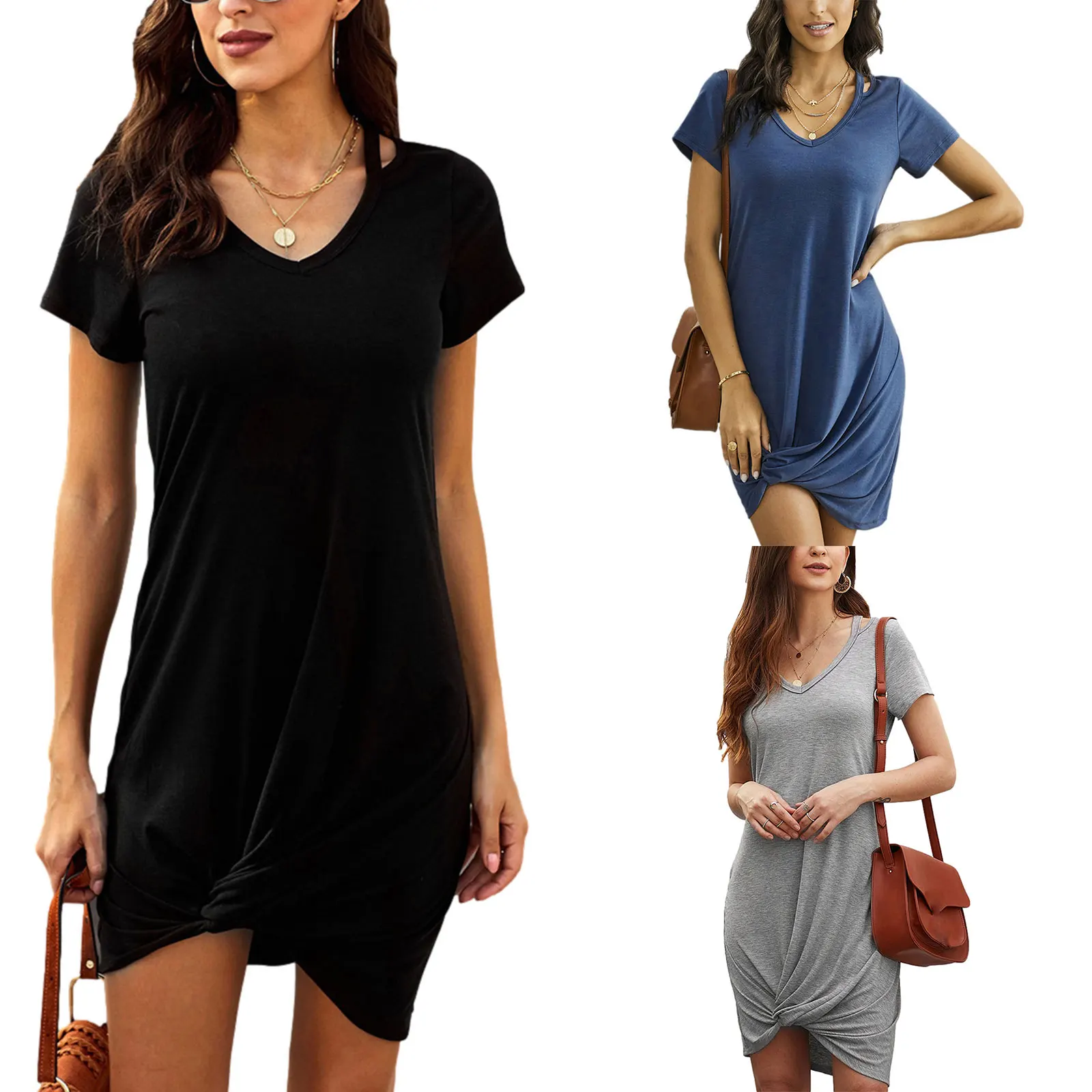 

Hirigin Fashion Women Solid Color All-match Dress Adults Twist Knot Cutout V-neck Short Sleeve Scheming Hollow Slim Short Skirt