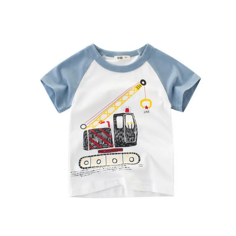 

2021 Summer Children'S Birthday Clothing Crane Plane Print Short Sleeve Basic Tops Cartoon T Shirt For Kids Boy 9128