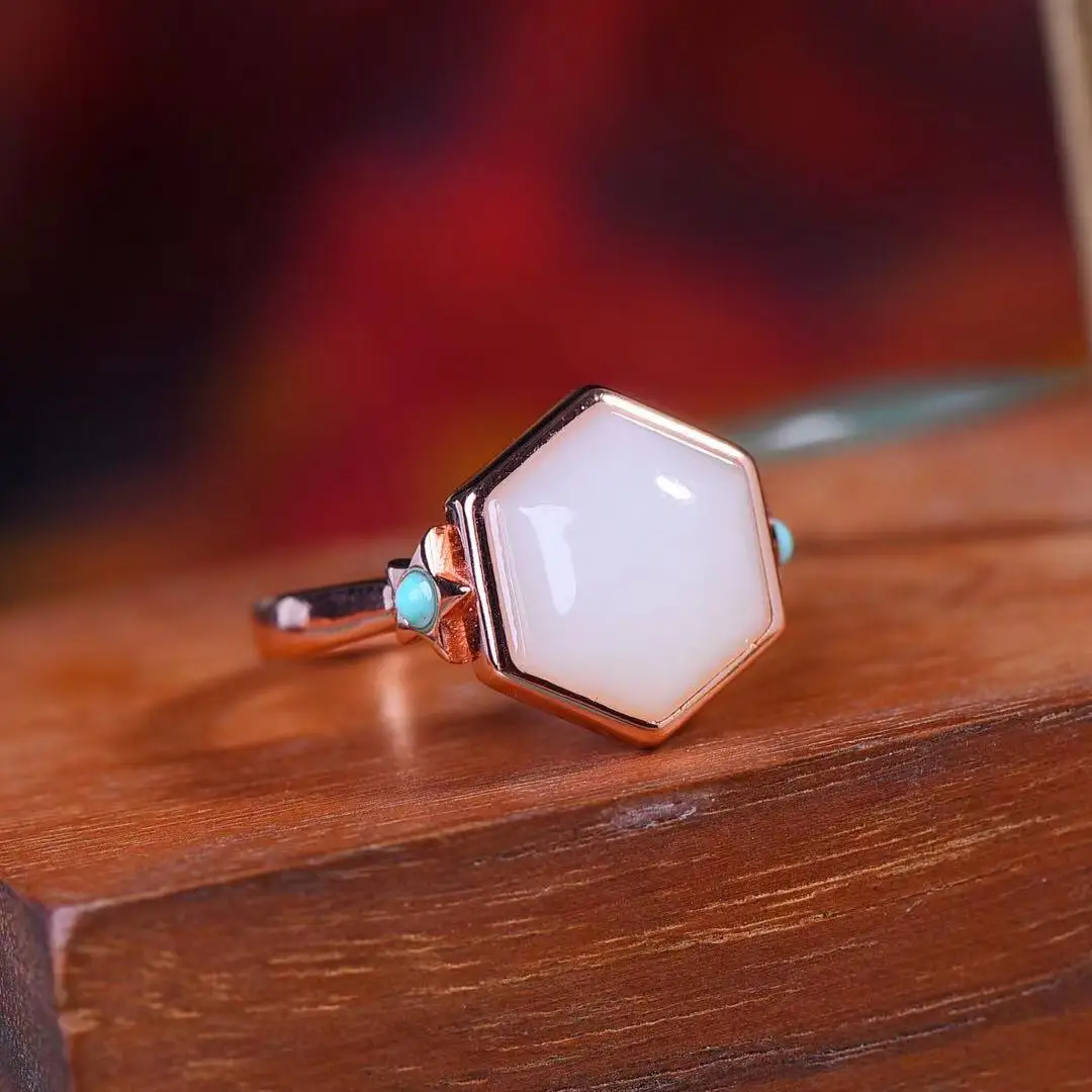 

Natural 925 Silver Inlaid Hetian Jade Hexagonal Ring