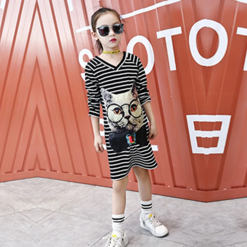 Платье для девочек 3-9 лет весенне-осеннее Полосатое с мультяшным принтом |