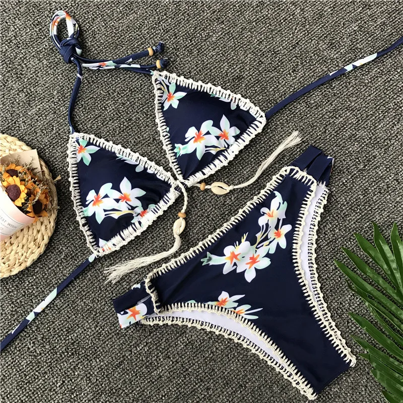 

2020 Hot Selling Hand Crochet Printed Bikini Weaving Shell WOMEN'S Swimwear Bikini Bathing Suit Women High Waist Thong Bikini